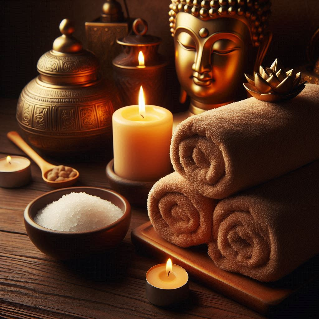 ambiance de massage énergétique, bougies et huile chaude, pour massage energetique et massages tantriques